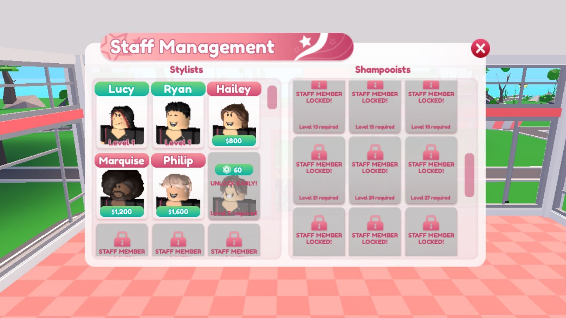 Use Bits to increase staff in My Salon Tycoon (Image via Roblox)